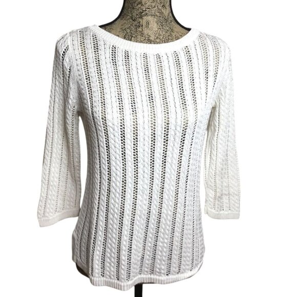 TALBOTS Women's Scoop Neck Open Knit Sweater Linen Blend Petite MP White Top - Picture 1 of 8